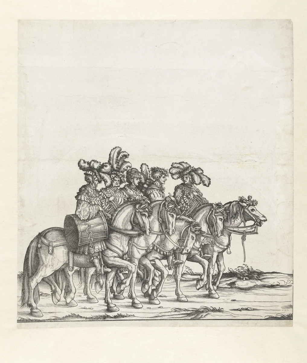 Vijf mannen te paard met trommels by Unknown, print, 1483-1526