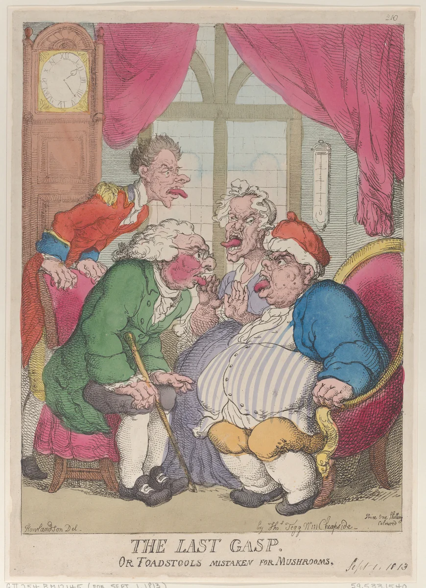 The Last Gasp, or Toadstools Mistaken for Mushrooms by Thomas Rowlandson, print, 1813