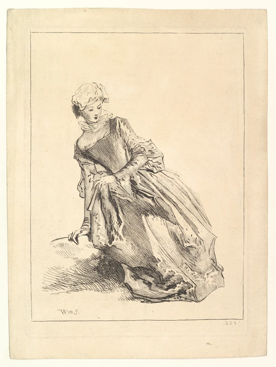 Woman leaning to left by François Boucher, print, 1722-1728