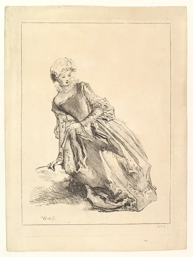 Woman leaning to left by François Boucher, print, 1722-1728