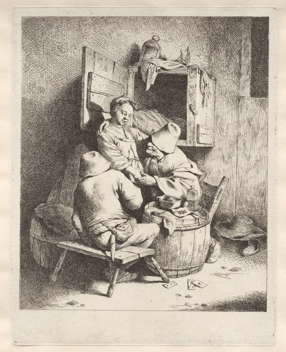 Staande vrouw vastgepakt door man, andere man kijkt toe in herberg by Cornelis Pietersz. Bega, print, 1642-1664