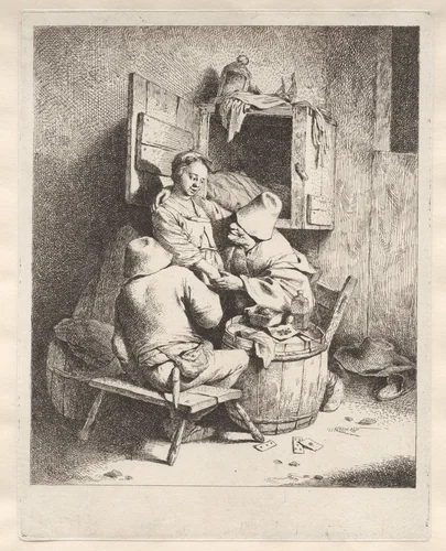 Staande vrouw vastgepakt door man, andere man kijkt toe in herberg by Cornelis Pietersz. Bega, print, 1642-1664