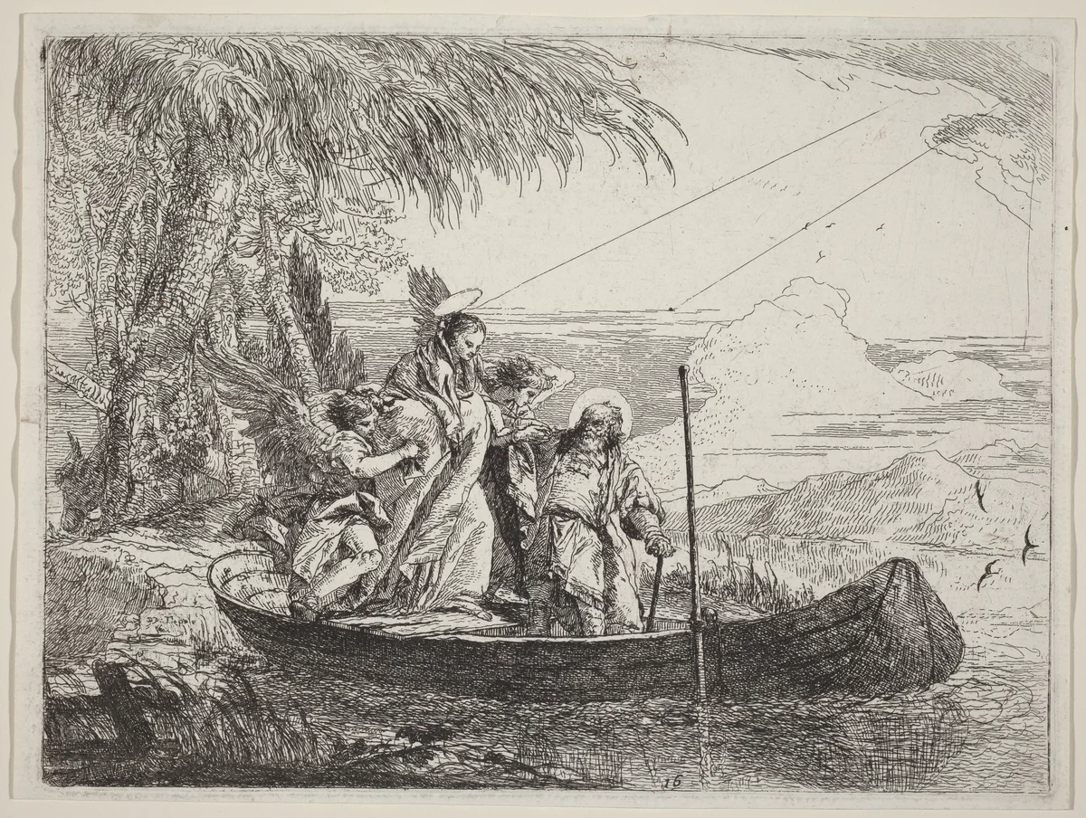 The Madonna, Child, and Angels Entering the Boat by Giovanni Domenico Tiepolo, print, 1753