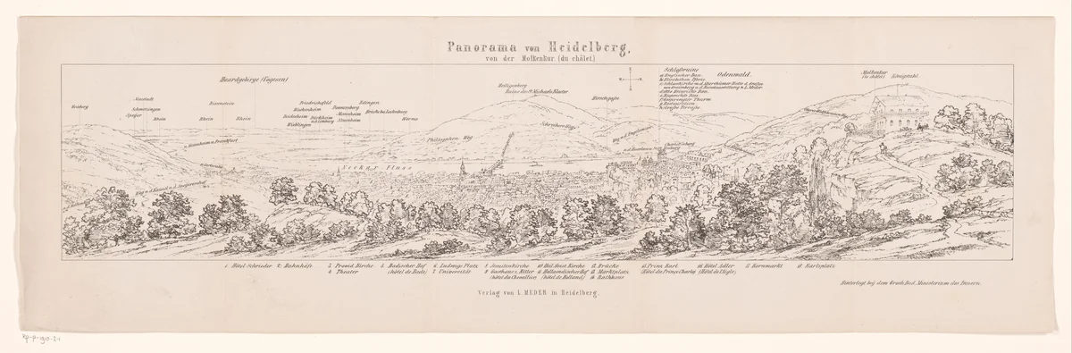 Gezicht op Heidelberg met plaatsaanduiding by Carl Friedrich Würthle, print, 1830-1902