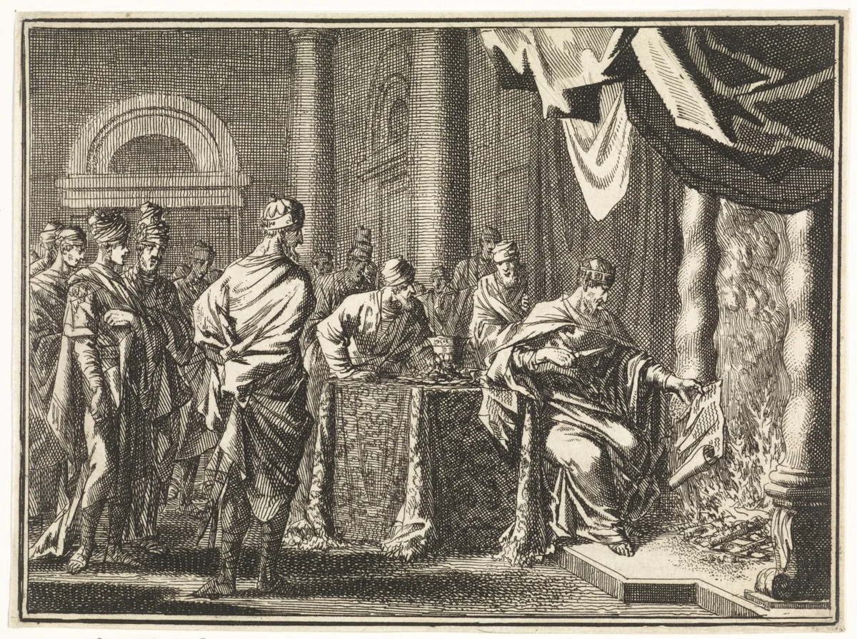 Jojakim verbrandt de rol met de profetiën van Jeremia by Jan Luyken, print, 1712