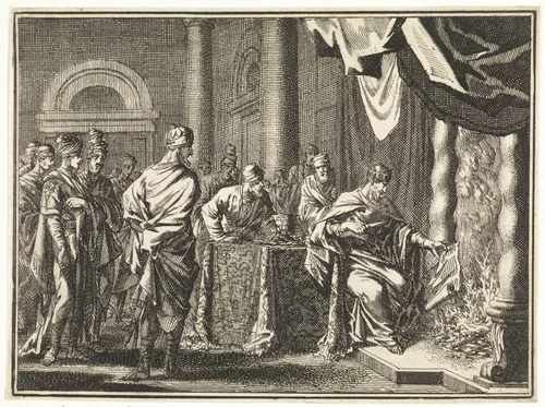 Jojakim verbrandt de rol met de profetiën van Jeremia by Jan Luyken, print, 1712