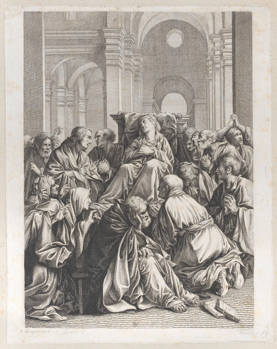 Death of the Virgin, lying on a chair at center, surrounded by Apostles, inside a temple by Joseph Fischer, print, 1790-1822