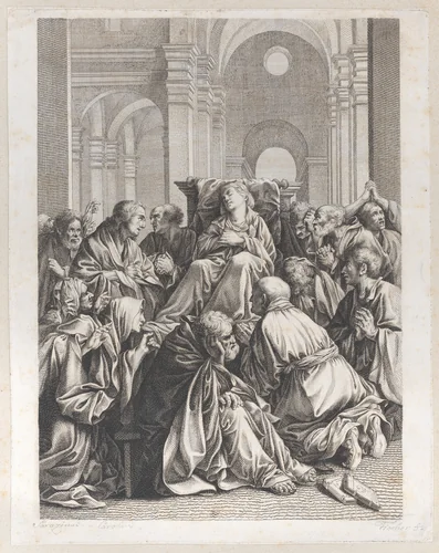 Death of the Virgin, lying on a chair at center, surrounded by Apostles, inside a temple by Joseph Fischer, print, 1790-1822