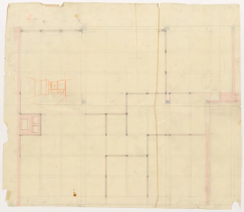 Weissenhof Apartment House, "The Dwelling" Exhibition, Stuttgart, Germany (Plan, framing system. Interior perspective.) by Ludwig Mies van der Rohe, mies van der rohe archive, 1926