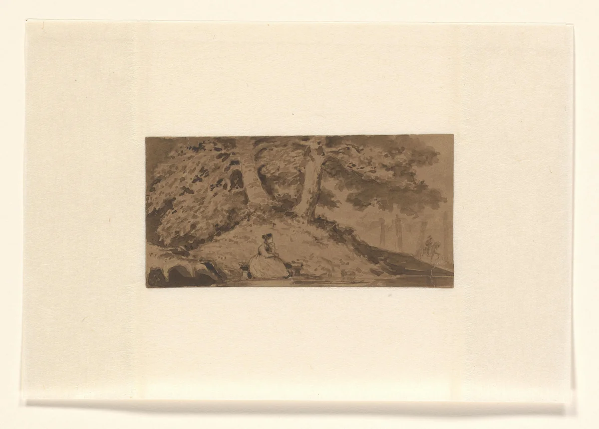 Vrouw op een bank in een landschap by Louis Charles Hora Siccama, drawing, 1817-1880