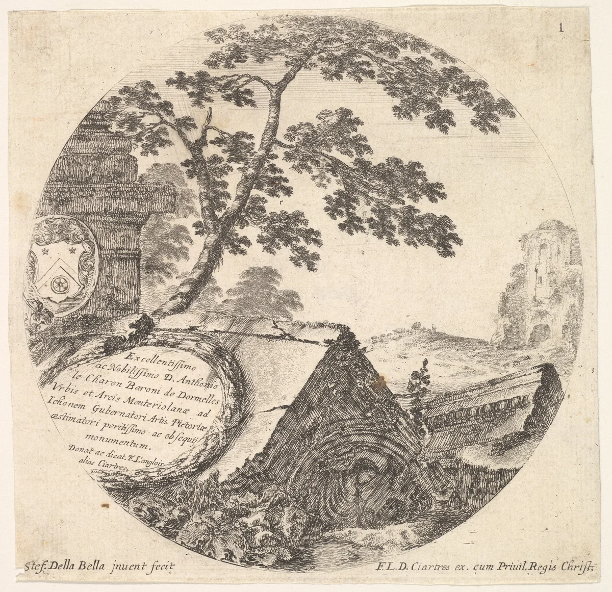 Plate 1: various fragments of ancient monuments, from "Roman landscapes and ruins" (Paysages et ruines de Rome) by Stefano della Bella, print, 1643-1648
