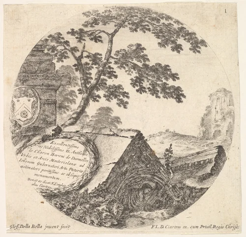 Plate 1: various fragments of ancient monuments, from "Roman landscapes and ruins" (Paysages et ruines de Rome) by Stefano della Bella, print, 1643-1648