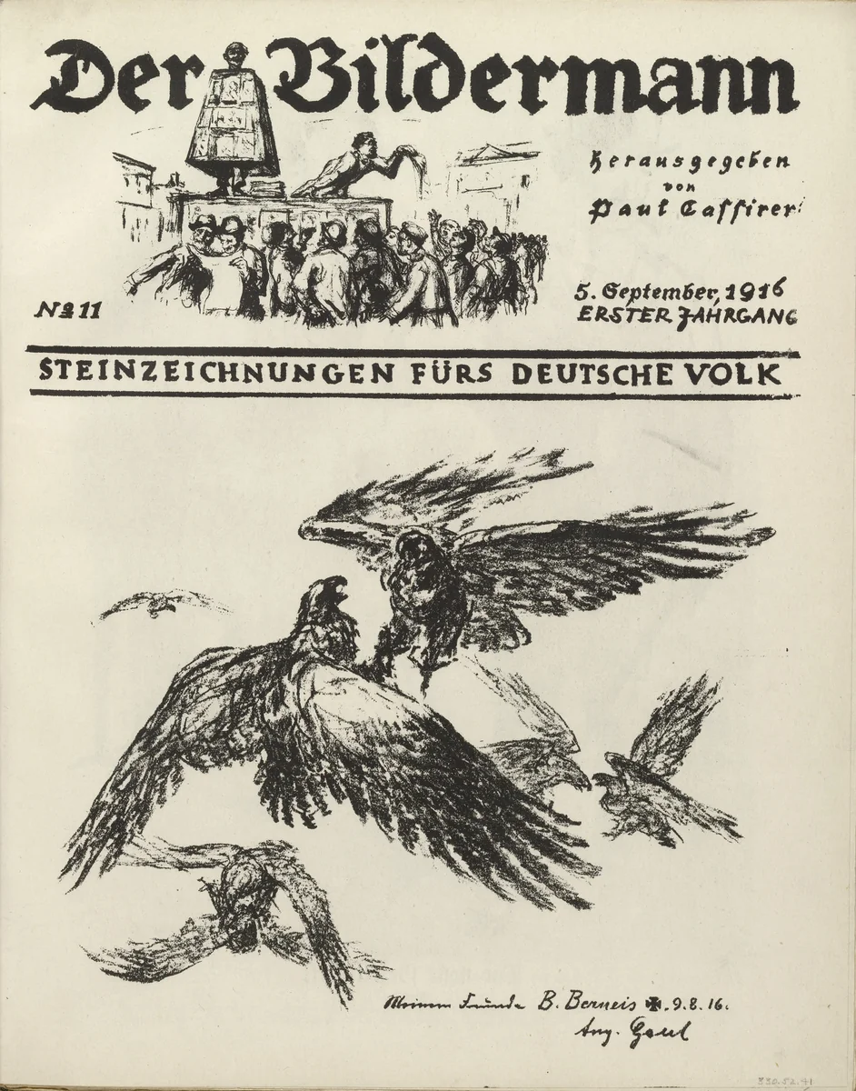 To My Friend B. Berneis (Meinem Freunde B. Berneis) (front cover, folio 22) from the periodical Der Bildermann, vol. 1, no. 11 (Sep 1916) by August Gaul, periodical, 1916