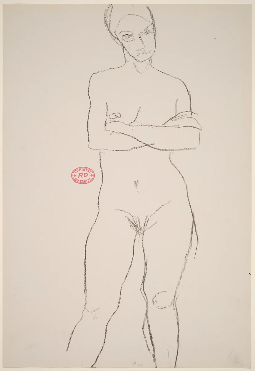 Untitled [front view of female nude standing with crossed arms] by Richard Diebenkorn, drawing, 1955-1967