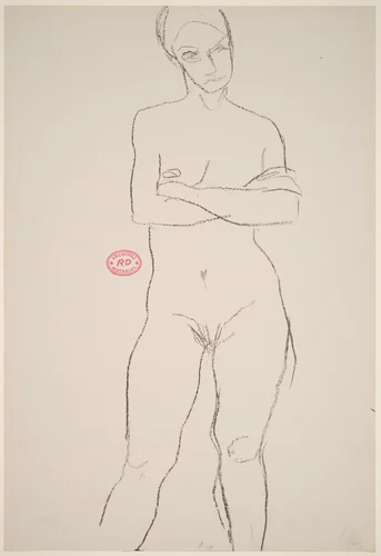 Untitled [front view of female nude standing with crossed arms] by Richard Diebenkorn, drawing, 1955-1967