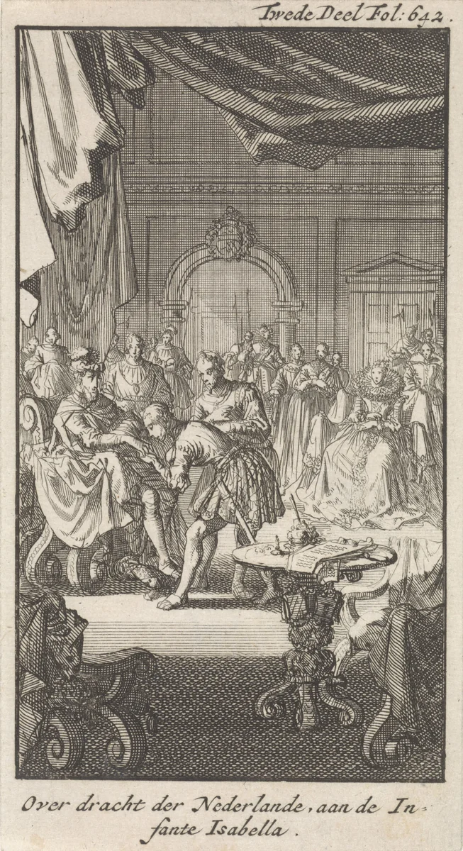 Overdracht van de Spaanse Nederlanden door Filips II aan Isabella Clara Eugenia, infante van Spanje, 1597 by Jan Luyken, print, 1699