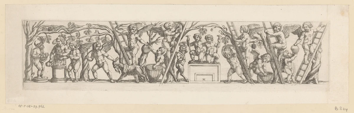 Fries met putti die wijn maken en aan Priapas offeren by Unknown, print, 1565-1630