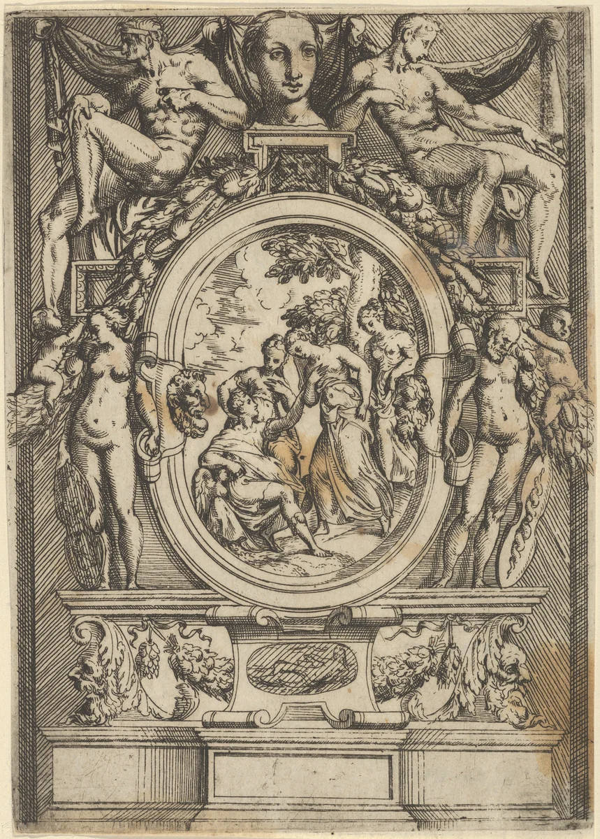 The Judgment of Paris; man seated at left reaches out to a woman who is flanked by two others, set within an elaborate frame by Battista Angolo del Moro, print, 1535-1580