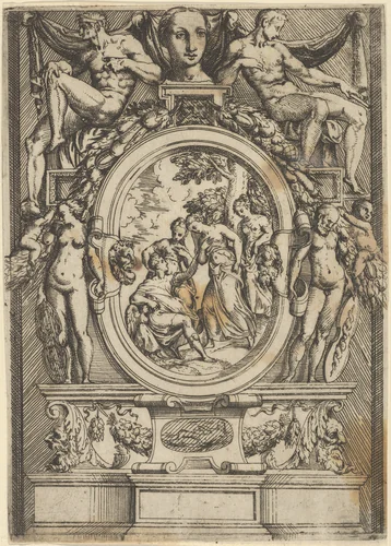 The Judgment of Paris; man seated at left reaches out to a woman who is flanked by two others, set within an elaborate frame by Battista Angolo del Moro, print, 1535-1580