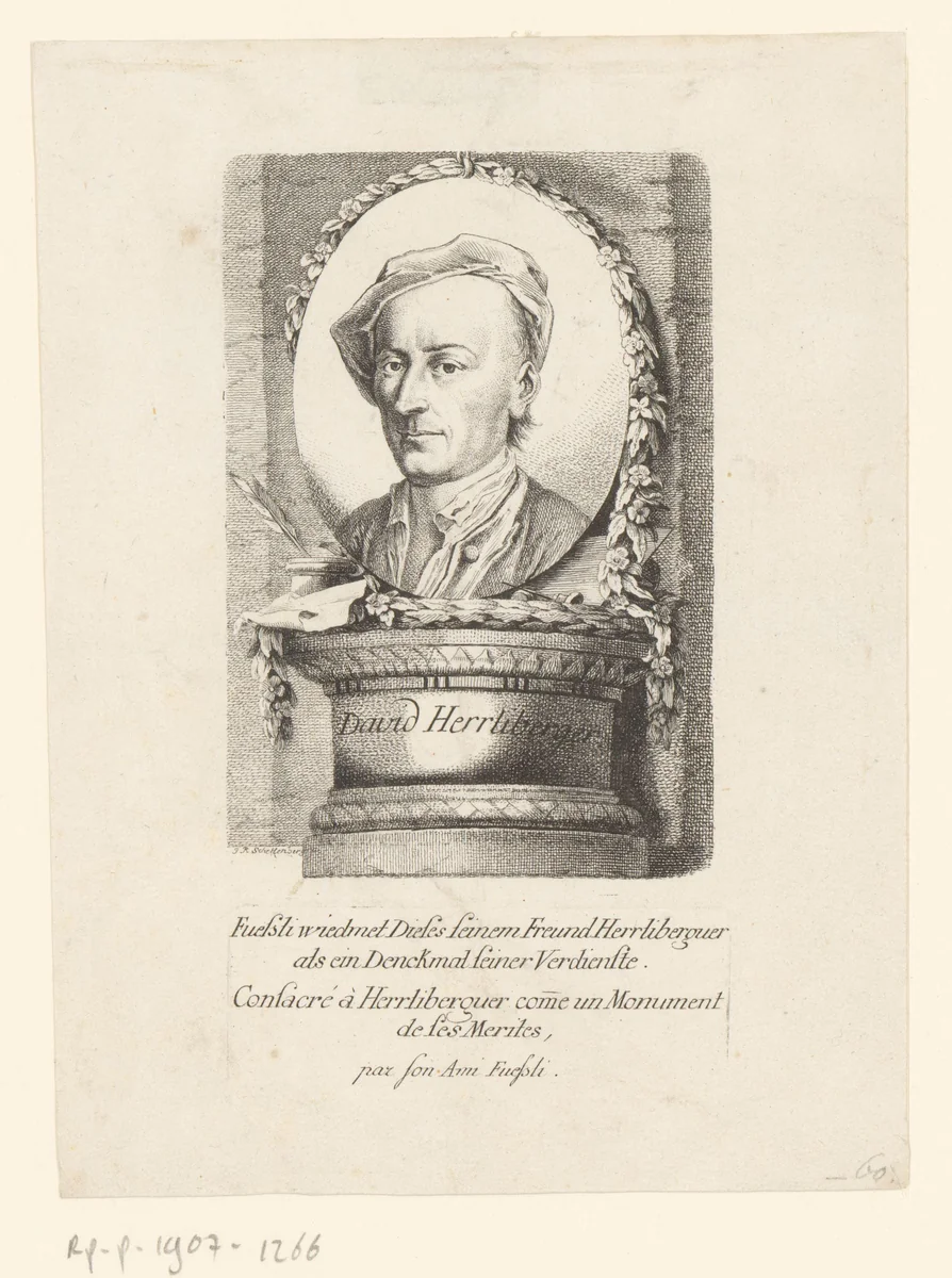 Portret van David Herrliberger by Johann Rudolph Schellenberg, print, 1750-1806