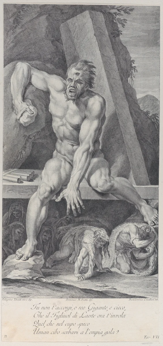Plate 7: the blinded Polyphemus, guarding the entrance of his cavern, with Ulysses and his companions escaping below by covering themselves with ram skins by Bartolomeo Crivellari, print, 1756