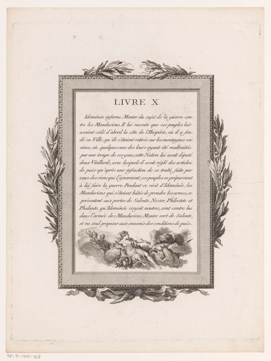 Omkaderde Franse tekst met olijftakken en mythologisch figuur by Jean-Baptiste Tilliard, print, 1785