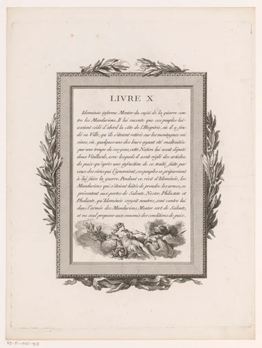 Omkaderde Franse tekst met olijftakken en mythologisch figuur by Jean-Baptiste Tilliard, print, 1785