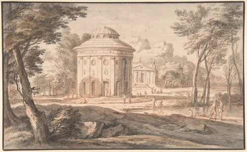 Landscape with Two Classical Temples and Figures by Jan Frans van Bloemen, drawing, 1675-1749