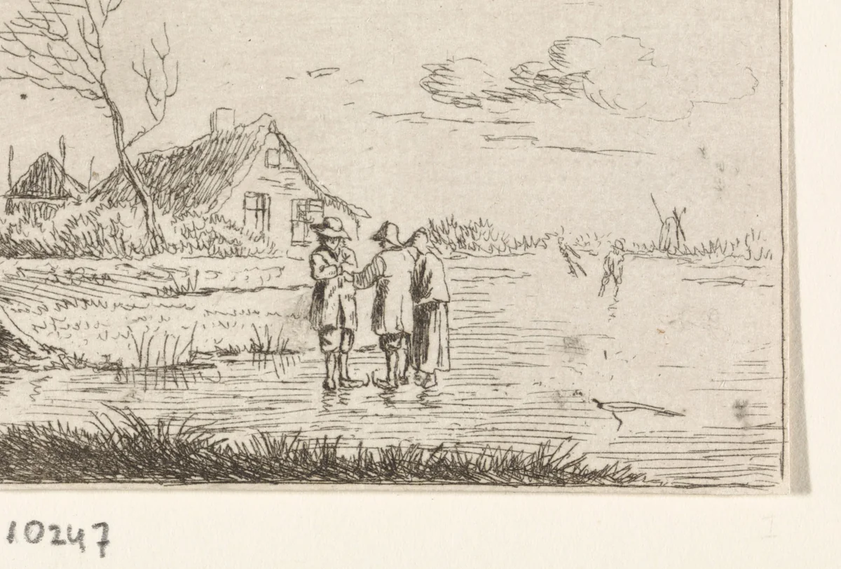 Landschap met schaatsers en boerderij by Johannes Christiaan Janson, print, 1778-1823