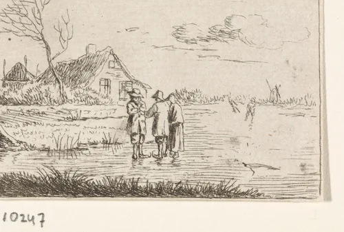 Landschap met schaatsers en boerderij by Johannes Christiaan Janson, print, 1778-1823