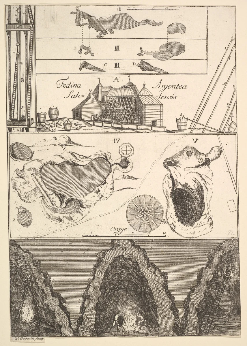 Fodina argentea Sahlensis – A Silver Mine at Sala - I (from Aubry de La Mottraye's "Travels throughout Europe, Asia and into Part of Africa...," London, 1724, vol. II, pl. 33, no. 1) by William Hogarth, print, 1723-1724