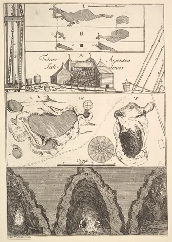 Fodina argentea Sahlensis – A Silver Mine at Sala - I (from Aubry de La Mottraye's "Travels throughout Europe, Asia and into Part of Africa...," London, 1724, vol. II, pl. 33, no. 1) by William Hogarth, print, 1723-1724