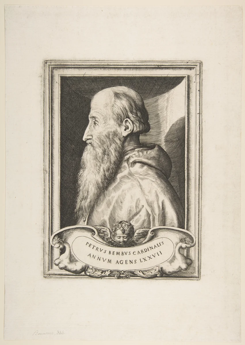 Portrait of Cardinal Pietro Bembo facing left by Giulio Bonasone, print, 1572