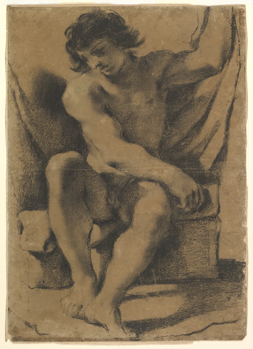 Seated Nude Young Man in Nearly Frontal View by Guercino, drawing, 1613-1623
