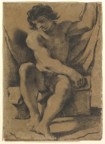 Seated Nude Young Man in Nearly Frontal View by Guercino, drawing, 1613-1623