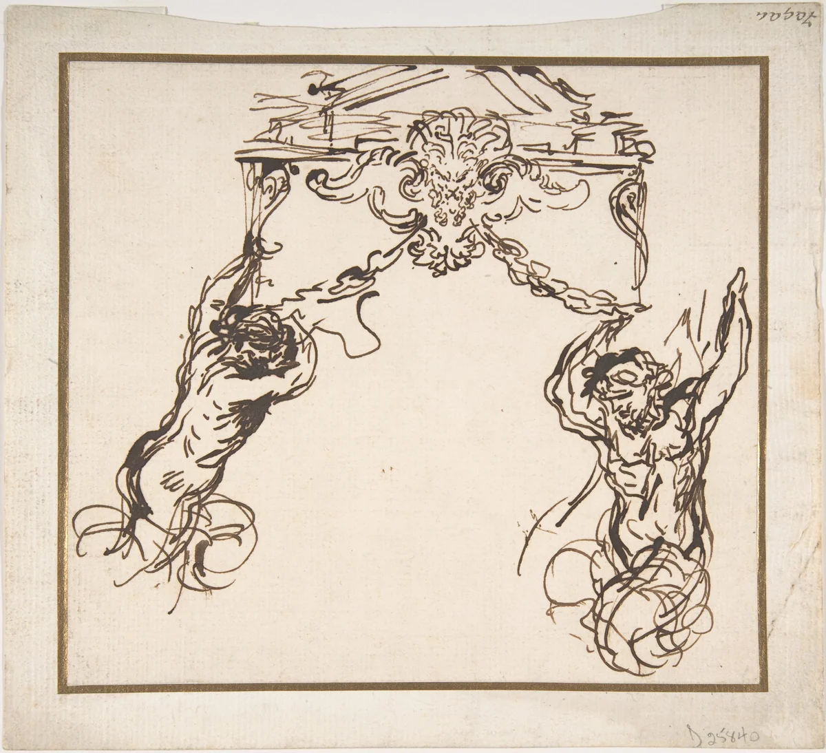 Satyrs Supporting an Ornamental Motif by Pietro da Cortona, drawing, 1596-1669