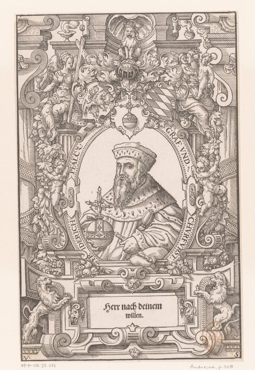 Portret van Frederik III van de Palts in een rolwerk omlijsting by Unknown, print, 1561