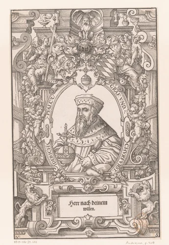 Portret van Frederik III van de Palts in een rolwerk omlijsting by Unknown, print, 1561