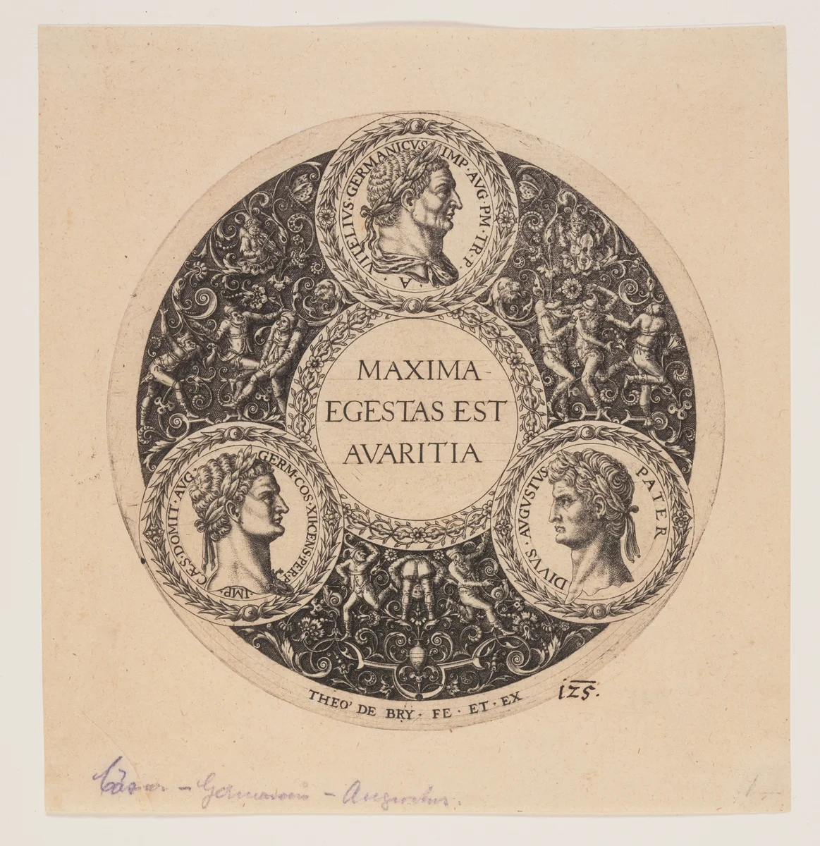 Maxima Egestas Est Avaritia, Design for a footed dish by Johann Theodor de Bry, print, 1588