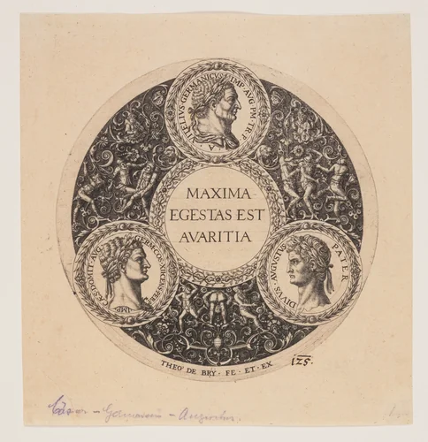 Maxima Egestas Est Avaritia, Design for a footed dish by Johann Theodor de Bry, print, 1588