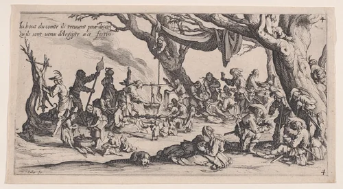 Le Halte des Bohémiens: Les Apprêts du Festin (The Gypsy Stopover: The Preparations for the Feast), from "Le Bohémiens, série appelée aussi Les Égyptiens, La Marche des Bohémiens, La Vie Errante des Bohémiens, Les Marches Égyptiennes" (The Gypsies, series also called The Egyptiens, The Gypsy Troops, The Wandering Lives of Gypsies, The Egyptian Troops) by Jacques Callot, print, 1610-1635