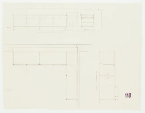 Tugendhat House, Brno, Czech Republic (Kitchen counter. Two elevations, plan) by Ludwig Mies van der Rohe, mies van der rohe archive, 1928
