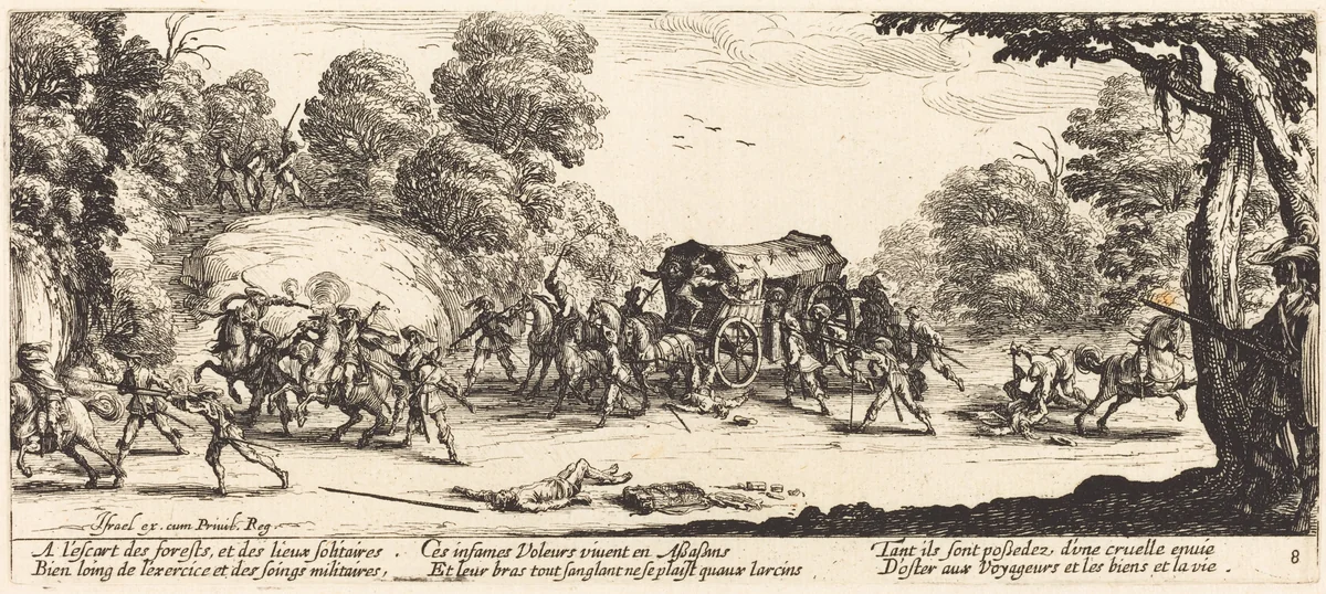 Attack on a Coach by Jacques Callot, print, 1633