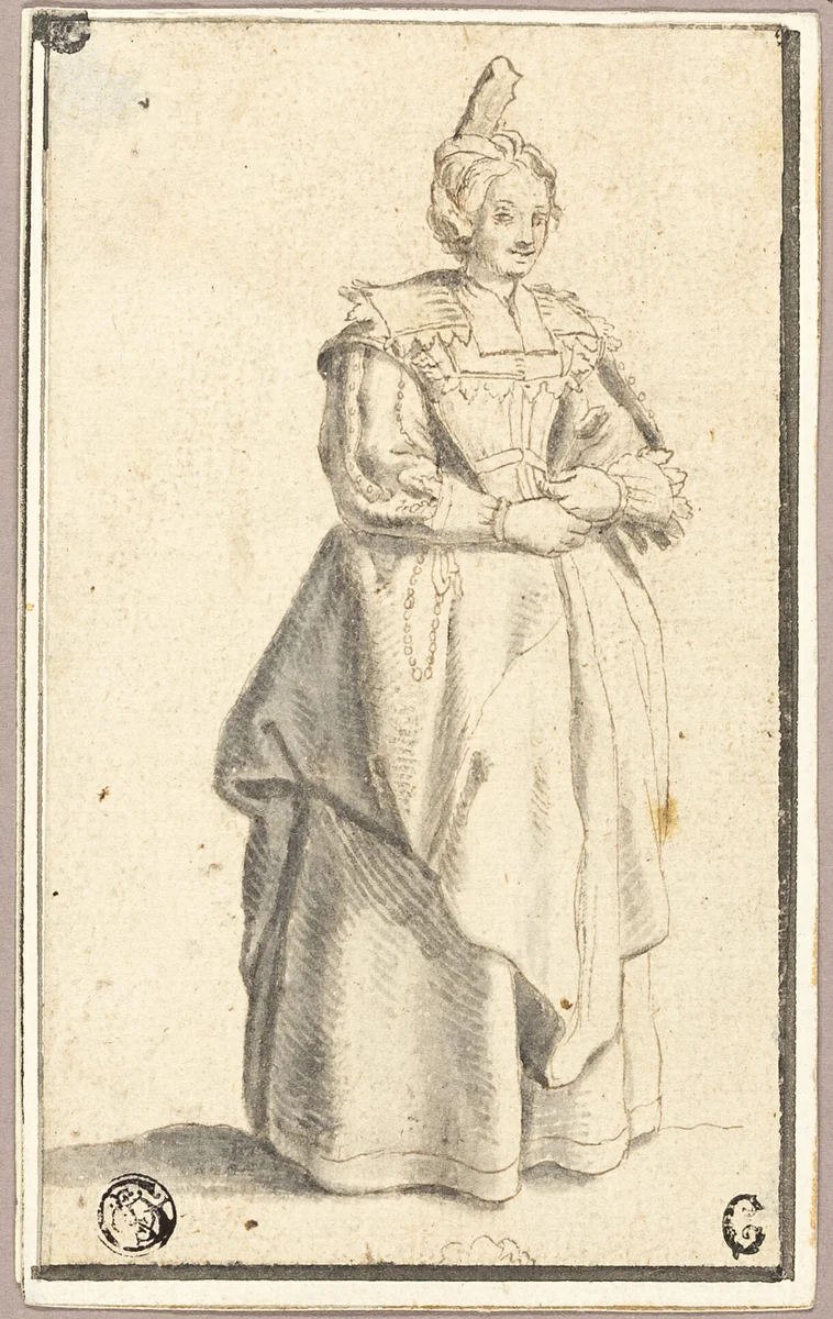 The lady with the small raised cap, after a print from La Noblesse by Jacques Callot, drawing, 1630-1639