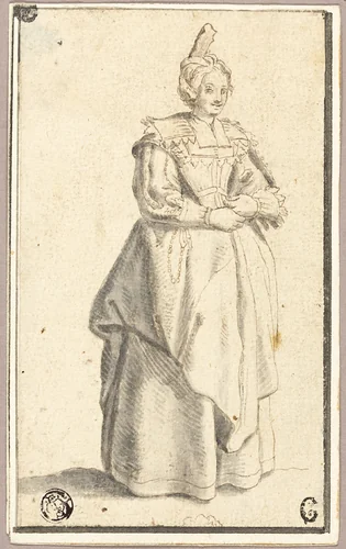 The lady with the small raised cap, after a print from La Noblesse by Jacques Callot, drawing, 1630-1639