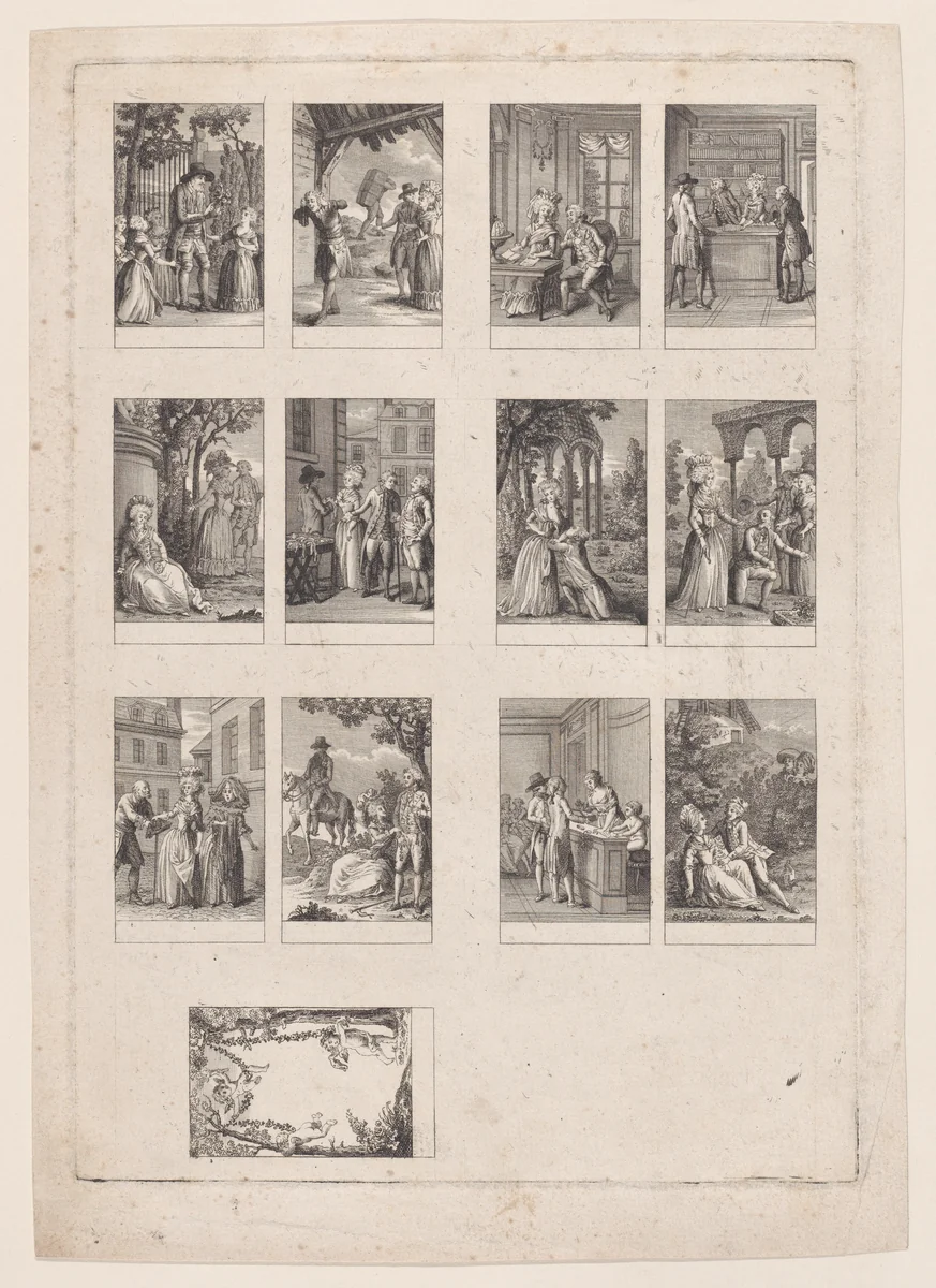 Sheet of 13 subjects for an Almanac by F. J. Dorgez, print, 1775-1785