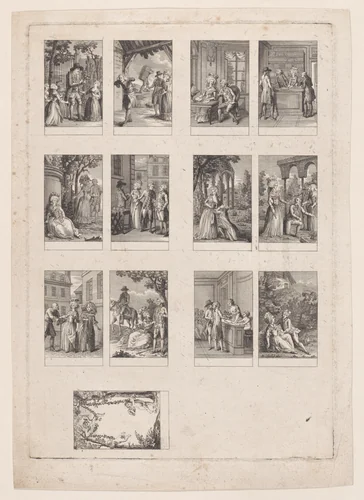 Sheet of 13 subjects for an Almanac by F. J. Dorgez, print, 1775-1785