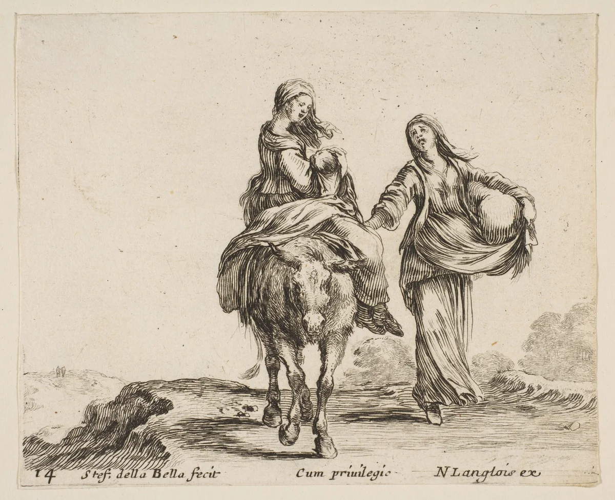 A young peasant woman and her child sitting side saddle atop a horse in center, another peasant woman to right, holding a large bag in her left arm, plate 14 from "Diversi capricci" by Stefano della Bella, print, 1639-1649