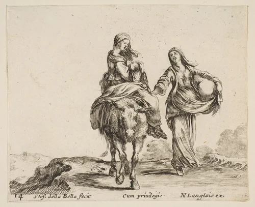 A young peasant woman and her child sitting side saddle atop a horse in center, another peasant woman to right, holding a large bag in her left arm, plate 14 from "Diversi capricci" by Stefano della Bella, print, 1639-1649