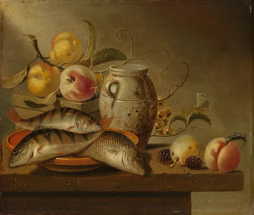Still Life with Earthenware Jar, Fish and Fruit by Harmen Steenwijck, painting, 1652